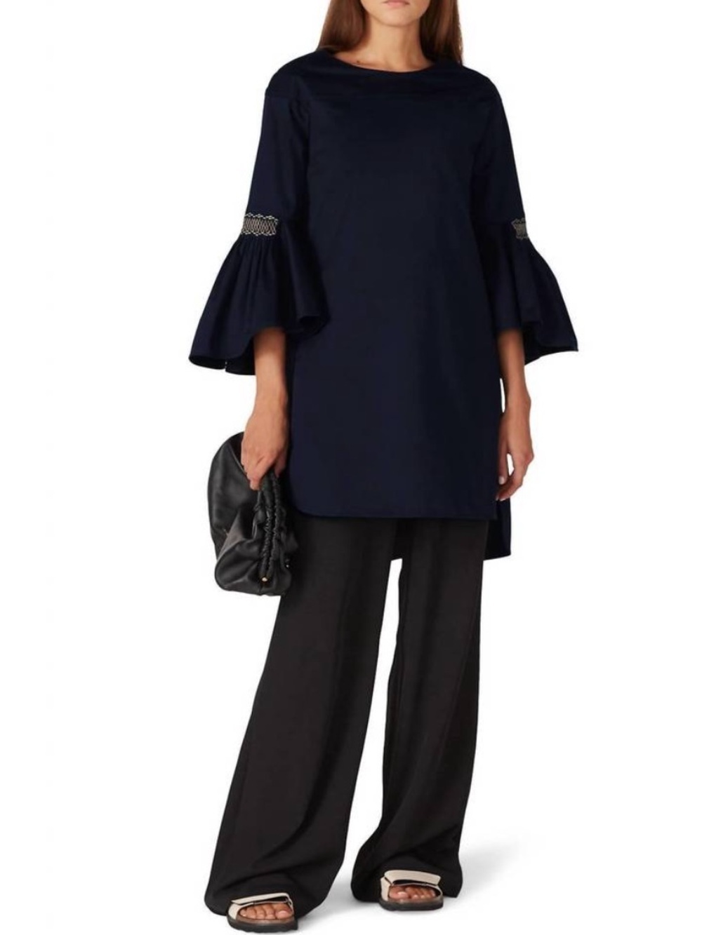 Teija Navy Blue Embroidered Fluted Sleeve Mini Dress Size 6 8457